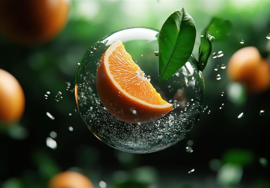 An orange in a water drop