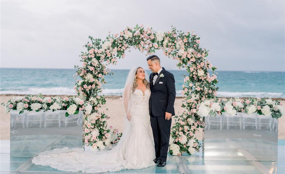 A bride and groom at the wedding altar