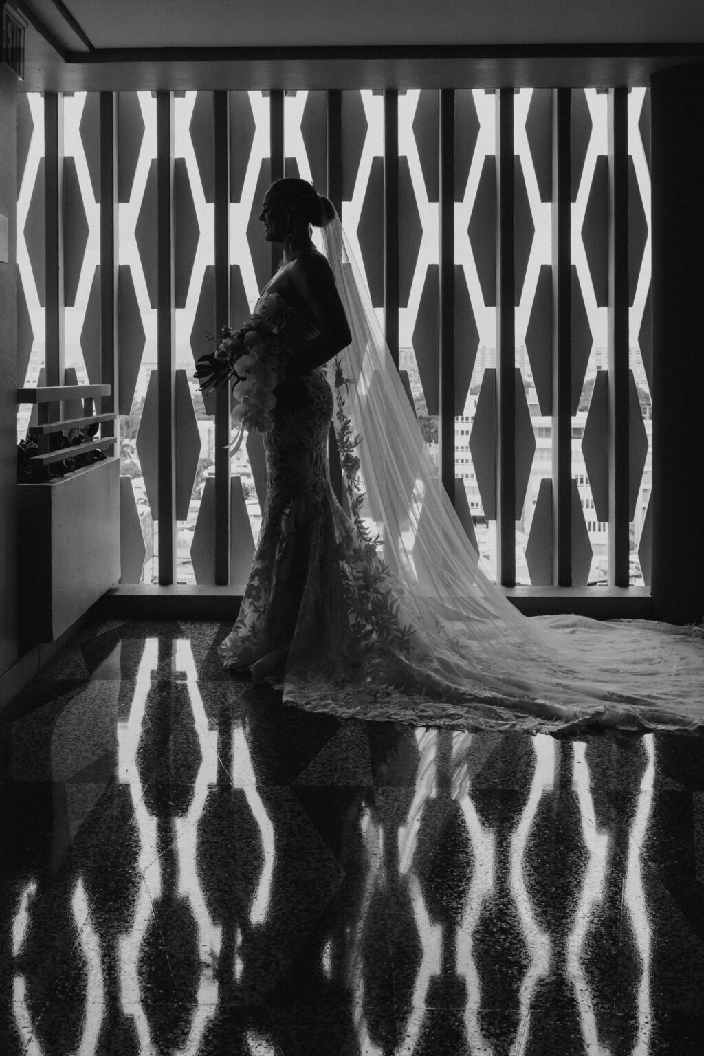 A black and white photo of the bride
