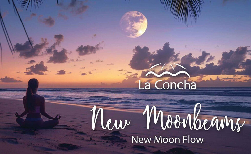 La Concha New Moonbeams New Moon Flow text with woman on beach during full moon