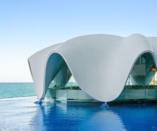 Levant Restaurant conch exterior from the perspective of the infinity pool looking out to the ocean