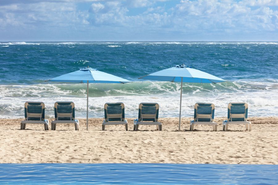 Beach chairs and umbrellas