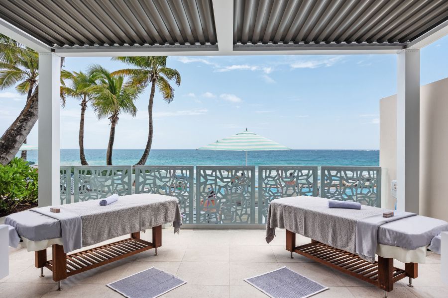 terrace with oceean views at elemara spa with two massage beds