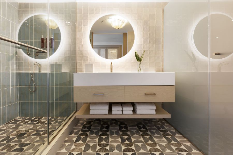 hotel bathroom with mirrors