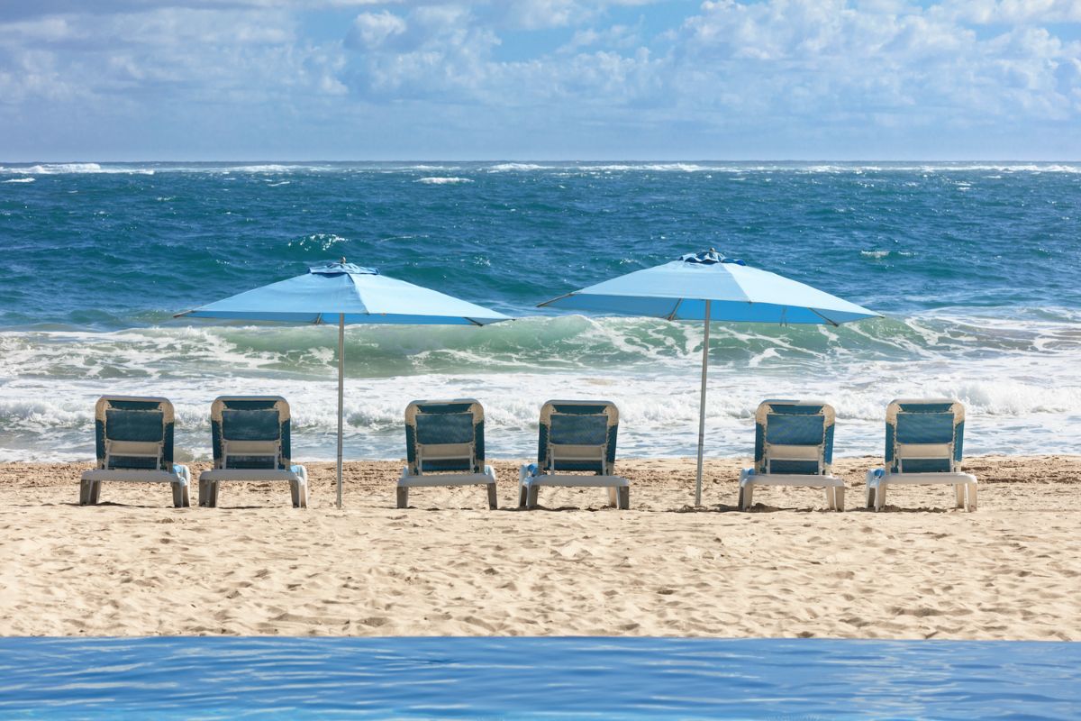 Beach chairs and umbrellas