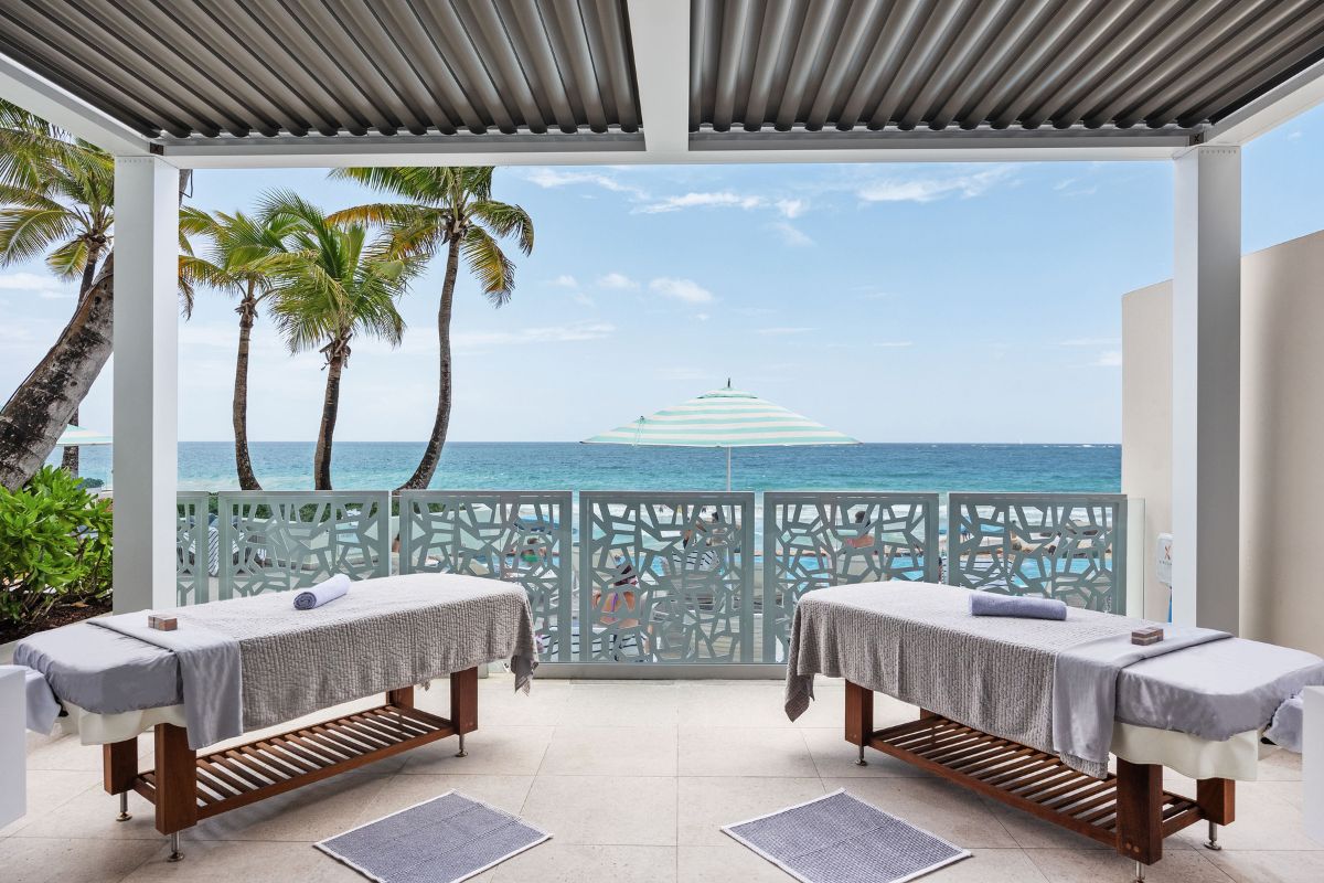 terrace with oceean views at elemara spa with two massage beds