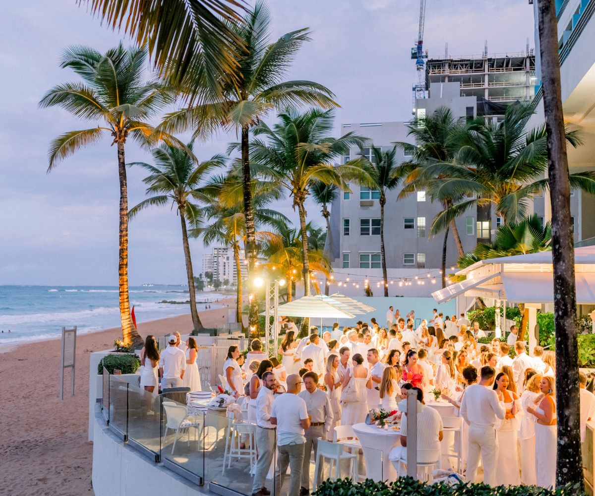 Gathering at marina space set up with beach views