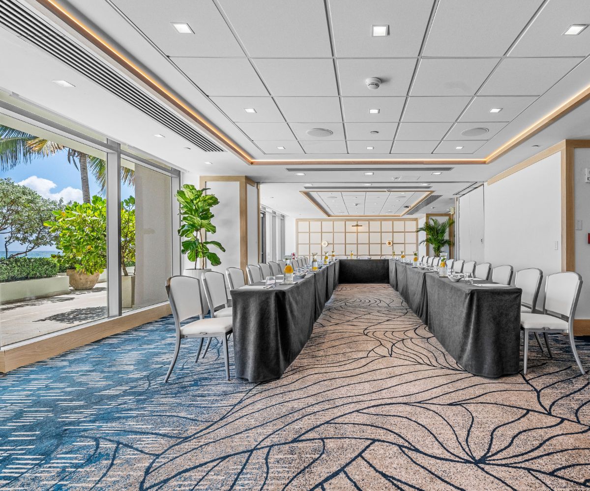 A meeting room with chairs and tables
