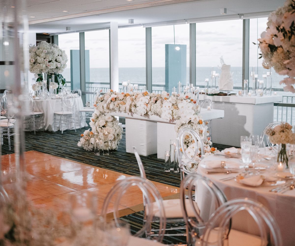 Banquet setup with a 4-tiered wedding cake