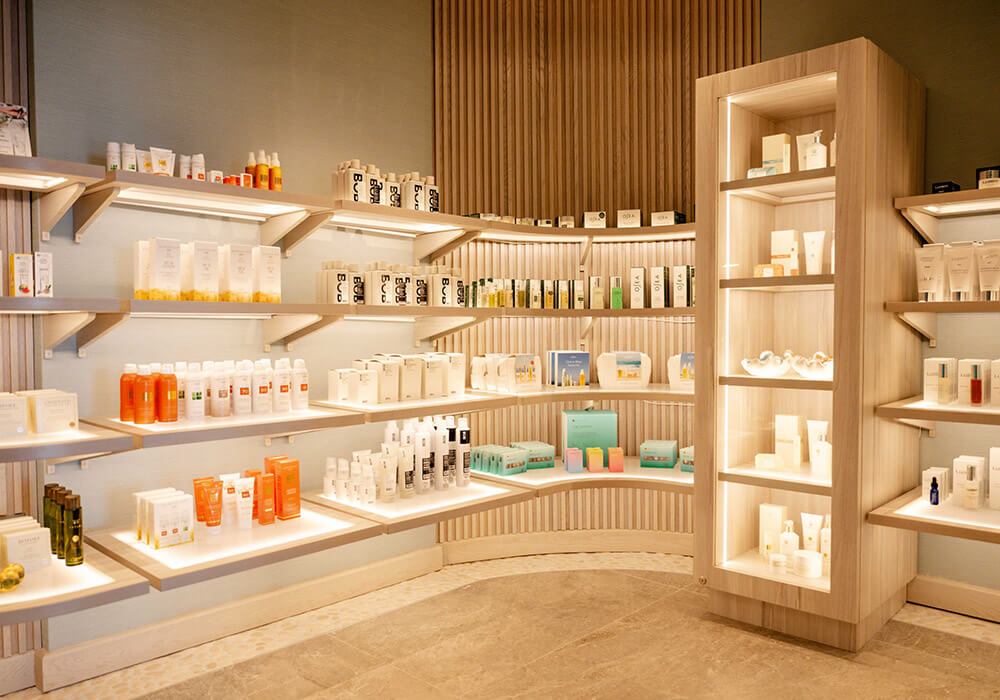 Spa products area with shelf lighting