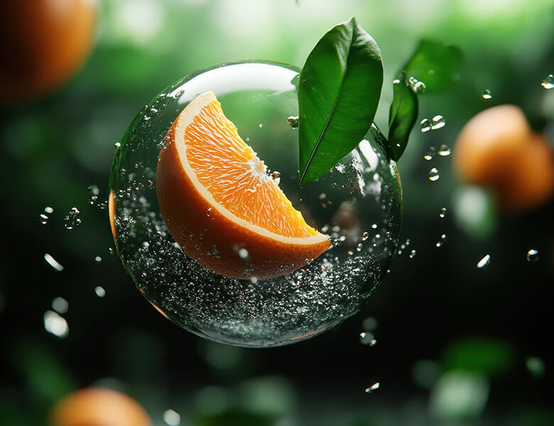 Orange quarter in a bubble with leaves