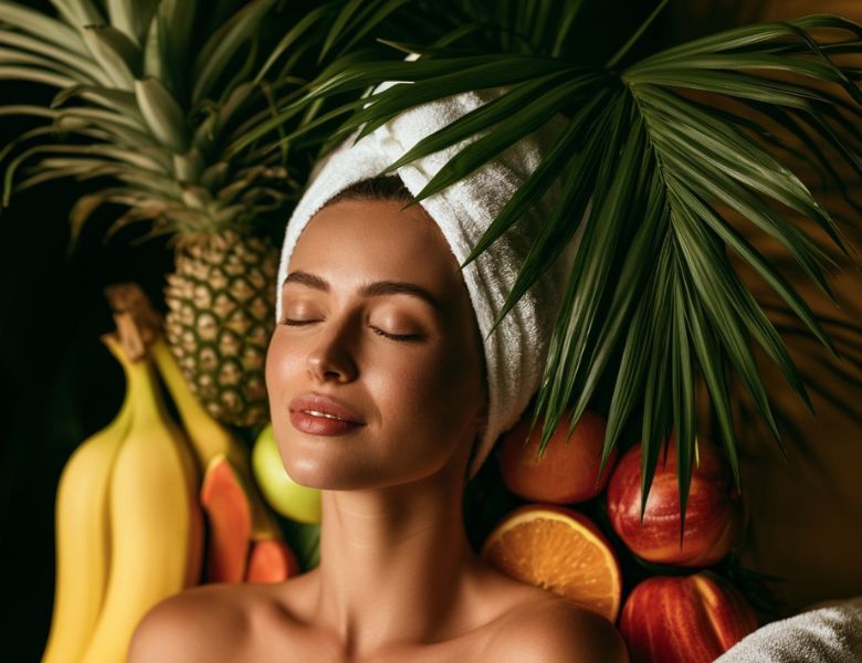 woman with spa robe around fruits 